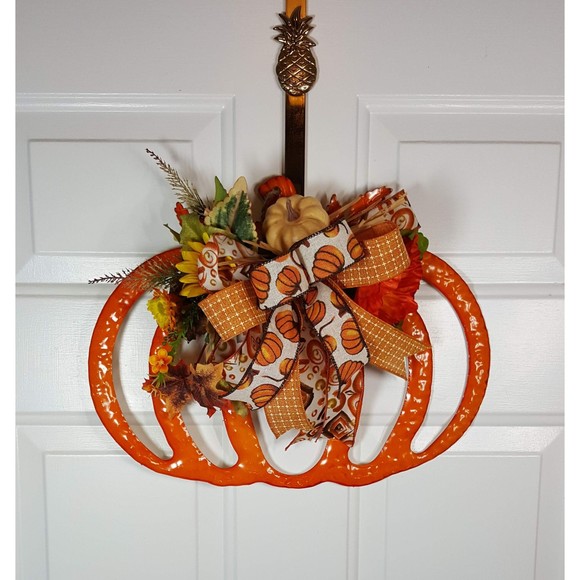 Orange Enamel Fall Pumpkin Wreath,‎ Fall Halloween Decor,  Sunflowers & Leaves - Picture 5 of 8